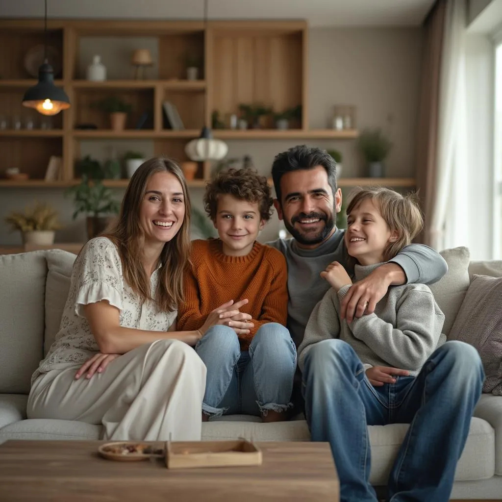Famiglia felice in casa sana dopo risoluzione problemi umidità